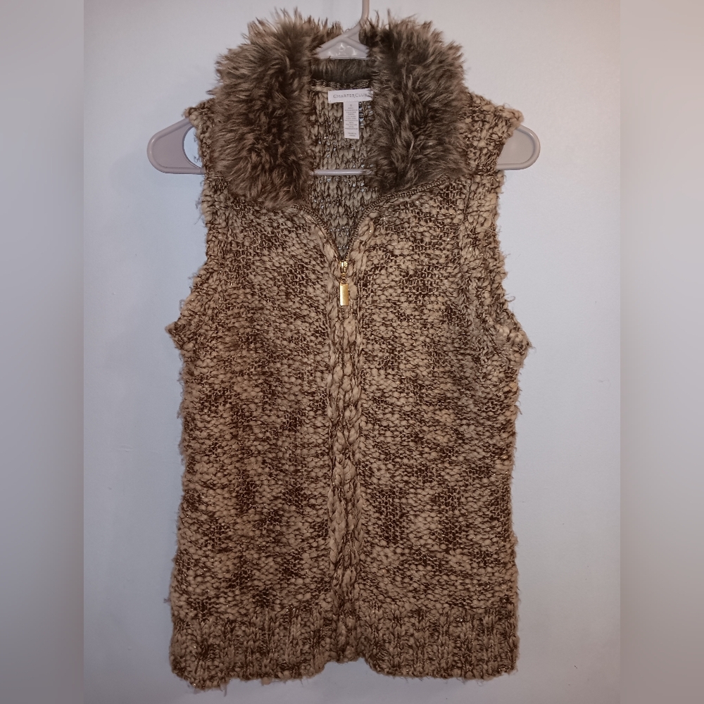 Charter Club Zipper Vest Faux Fur Collar Boho Brown Cream Metallic Wool Blend